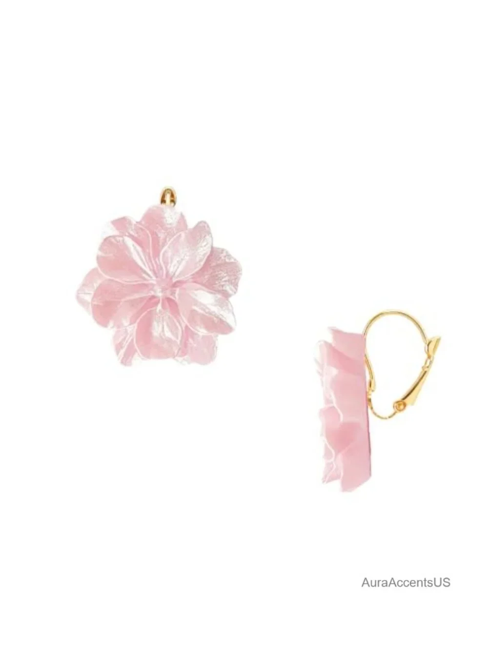 Handmade 3D Camellia Flower Leverback Earrings Gold Plated Resin Dangle